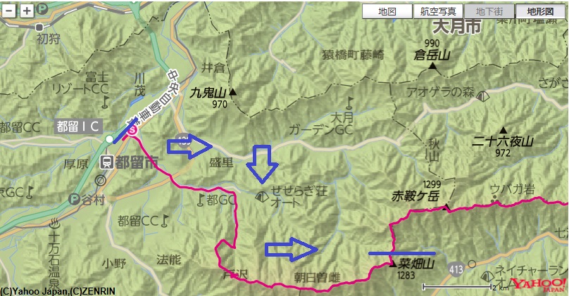 赤坂駅から出発し、仙人水～二十六夜山～今倉山～菜畑山への登山ルート