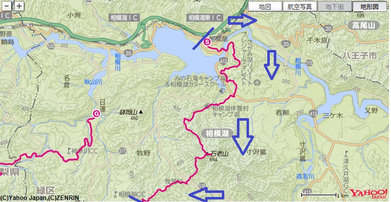 石老山・石砂山と道志山塊日帰り縦走の前編部分の地図