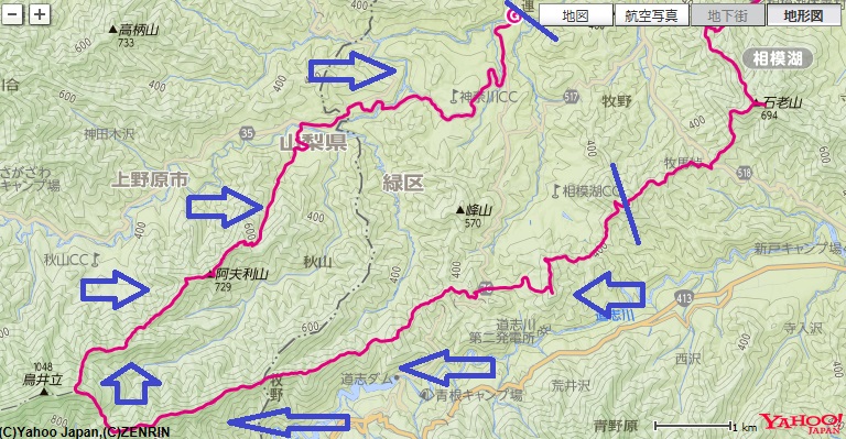 石砂山から出発し、伏馬田城址～ムギチロ～池ノ上～阿夫利山への登山ルート