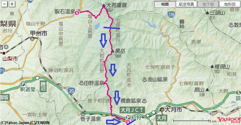 小金沢山から出発し、牛奥ノ雁ヶ腹摺山～ハマイバ丸～大谷ヶ丸～滝子山～ＪＲ初狩駅への登山ルート