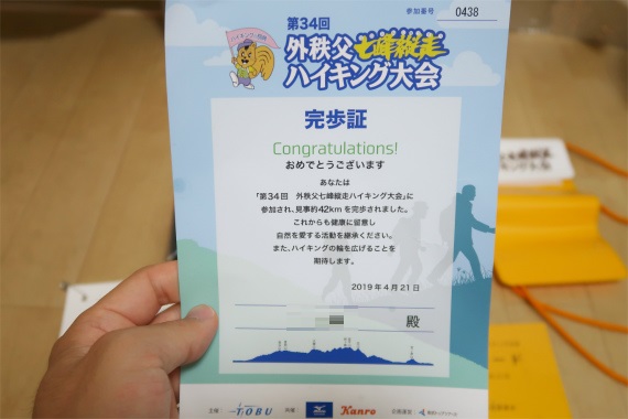 ２０１９年外秩父七峰縦走ハイキング大会の完歩証