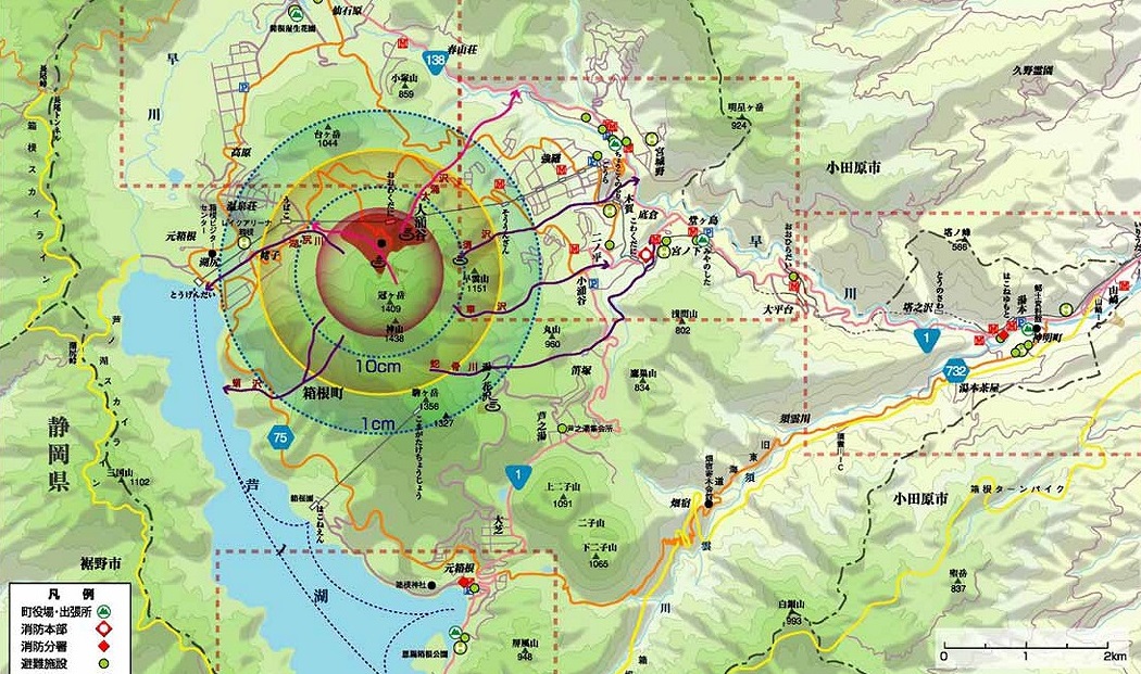 f:id:aohige0718:20190520163225j:plain 箱根山(大涌谷)周辺で噴火があった場合の降灰予想火砕流の被害
