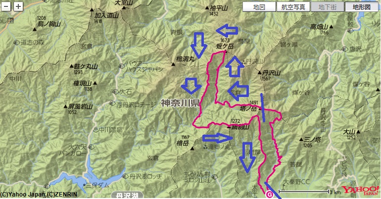 f:id:aohige0718:20190702135711j:plain 蛭ヶ岳南稜・臼ヶ岳南尾根・鍋割山への登山ルートの地図