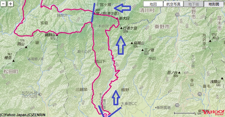 書策新道から書策小屋、塔ノ岳への登山ルート地図