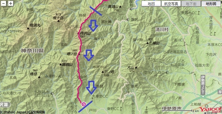 栂立尾根と、丹沢三峰（本間ノ頭・円山木ノ頭・太礼ノ頭・瀬戸沢ノ頭）と塔ノ岳登山のコースと標高差の地図