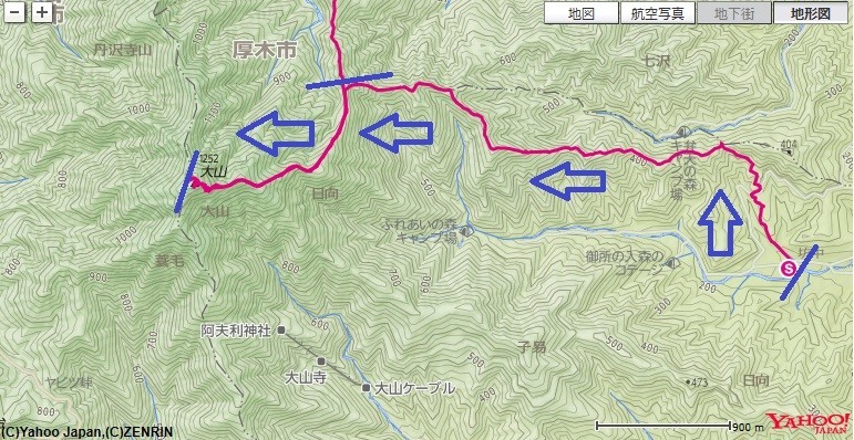 f:id:aohige0718:20200105101032j:plain 日向薬師から梅ノ木尾根丹沢大山への登山コース、標高差の地図