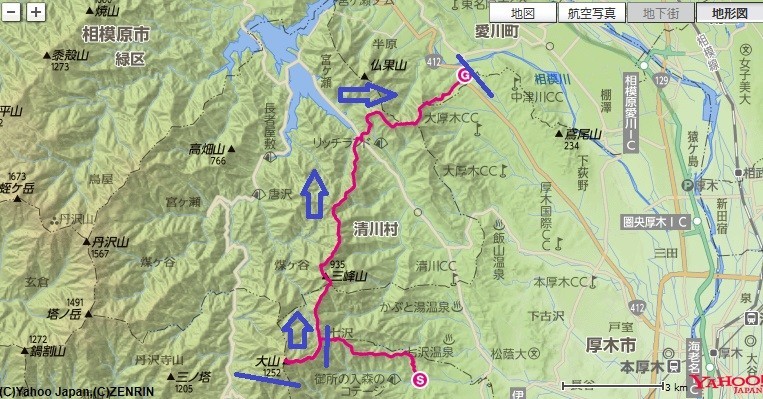梅ノ木尾根からの大山登山と、相州アルプス経ヶ岳への登山コース、標高差の地図