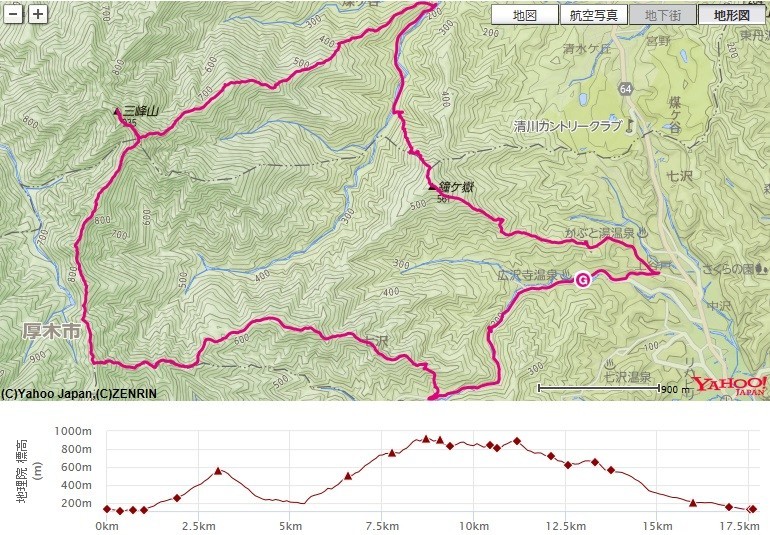 鐘ヶ岳・宝尾根で大山三峰山登山へのルート、標高差の地図