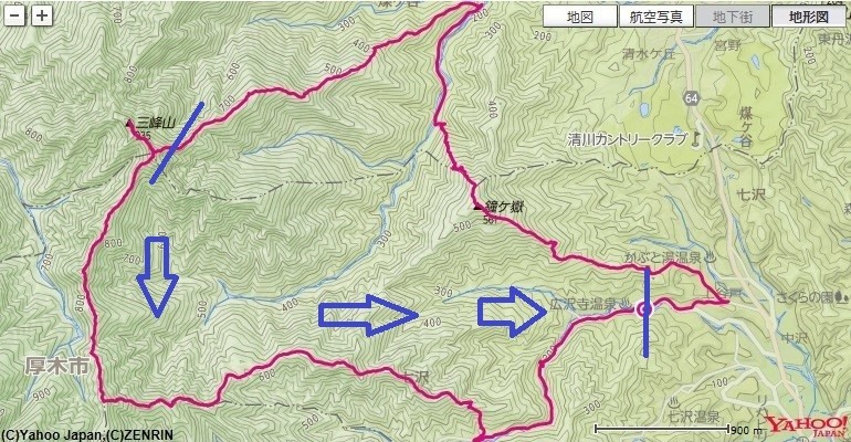 大山周辺のバリエーションルート弁天御髪尾根、梅ノ木尾根、中弁天、弁天岩へのルート、標高差の地図