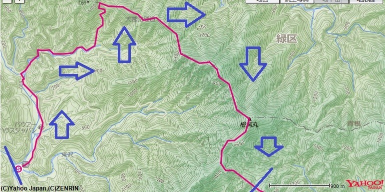 西丹沢自然教室から入山し、用木沢～犬越路避難小屋～大笄～檜洞丸～ツツジ新道分岐付近登山コース・おすすめルートの標高差