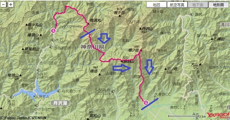 丹沢大石山・同角山稜登山のルート、標高差地図