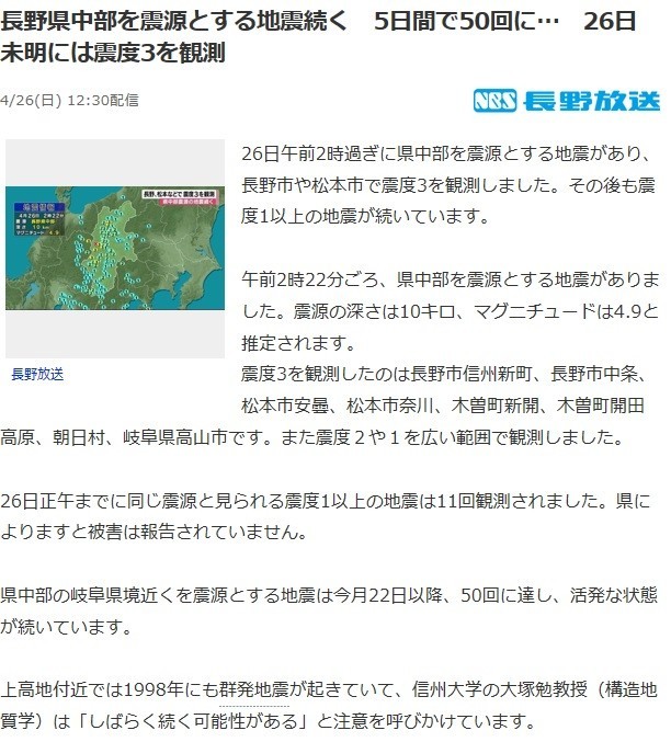 長野県中部群発地震ニュース