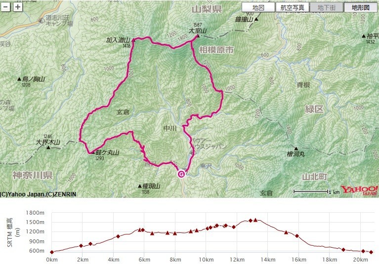 本棚・下棚から畦ヶ丸への登山ルート標高差の地図