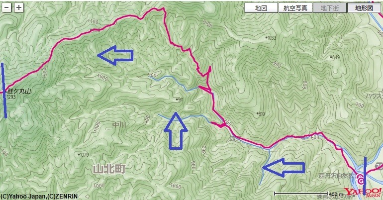 本棚・下棚から畦ヶ丸への登山コースと標高差のアップ地図