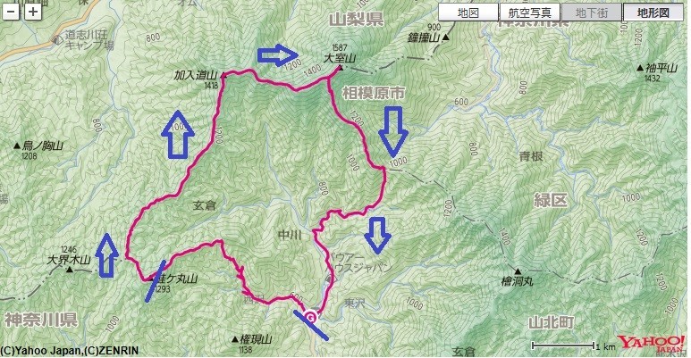 モロクボ沢ノ頭から白石峠～加入道山（避難小屋）～大室山～犬越路～用木沢への登山ルート、標高差の地図