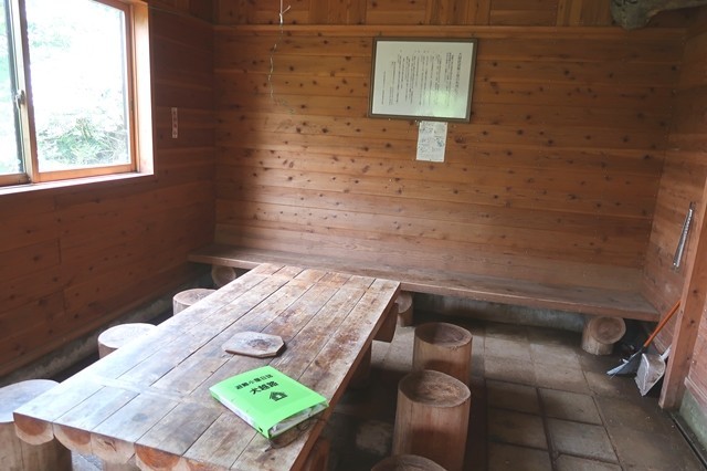 犬越路避難小屋の内部土間にはベンチとテーブル