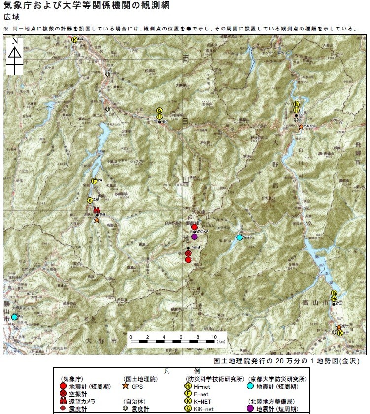 白山周辺に設置されている火山観測地震計等の観測機器の位置と数