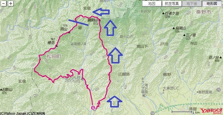 寄から鍋割山登山のコースと標高差詳細図