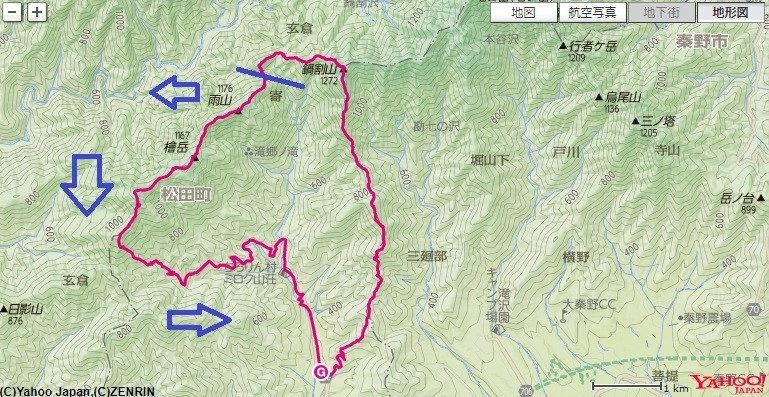 檜岳・伊勢沢ノ頭へのルート・標高差