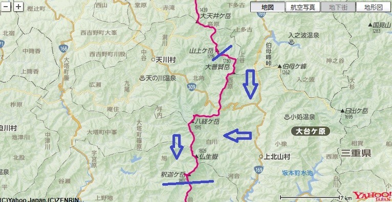 弥山~八経ヶ岳~釈迦ヶ岳~千丈平をテント泊縦走した登山コースと標高差の地図