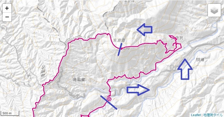 地蔵堂から矢倉沢ルート(矢倉沢林道)足柄古道・矢倉岳のコース、標高差の地図