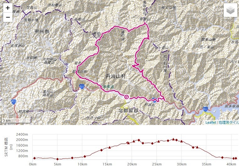 道の駅たんばやまからヨモギ尾根・雲取山への登山ルート、標高差の地図