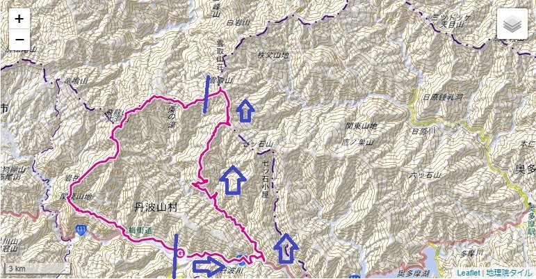 ヨモギ尾根・雲取山への登山ルート標高差詳細図