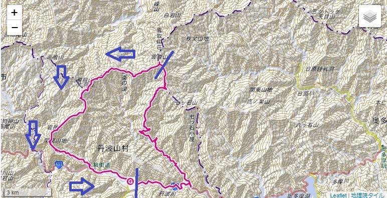 飛龍山・前飛龍山・岩岳尾根の登山ルート、標高差詳細図