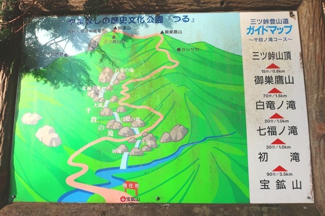 三つ峠山北口登山道の滝の案内板