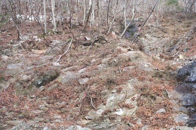 そそり立つ斜面に登山道がある