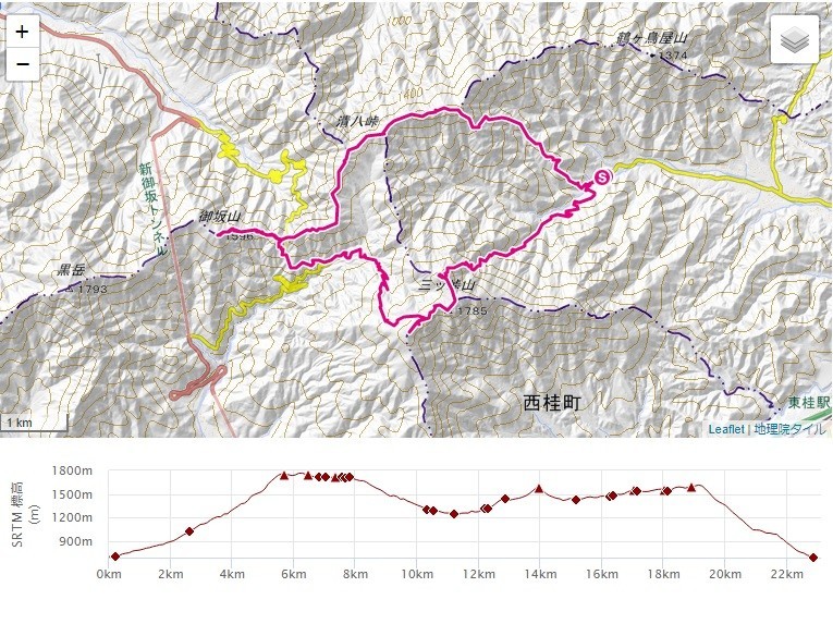 宝鉱山～三つ峠山北口ルート～三つ峠山への登山ルート、標高差の地図
