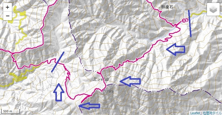 宝鉱山～三つ峠山北口ルート～三つ峠山～三ツ峠山登山口バス停付近への登山ルート、標高差詳細地図