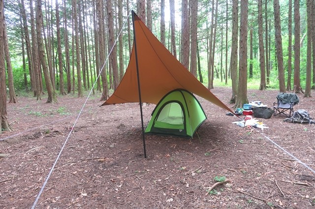 キャンプでハルタホースの斧を使ってレビューしている様子