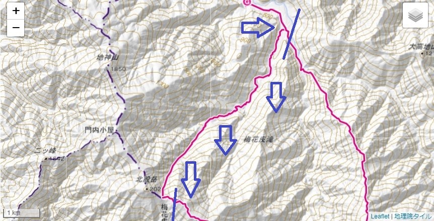 石転び沢の雪渓登山のコース・標高差詳細図