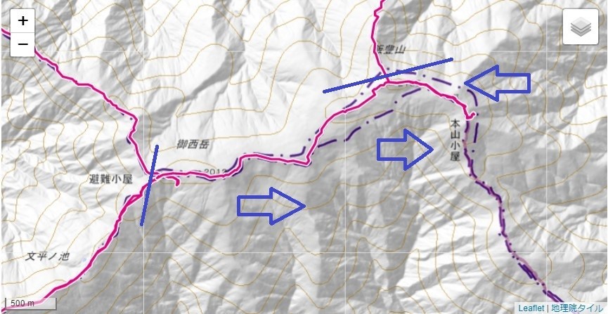 御西小屋~飯豊山・本山小屋、テント場(一ノ王子)、水場のルートと標高差地図