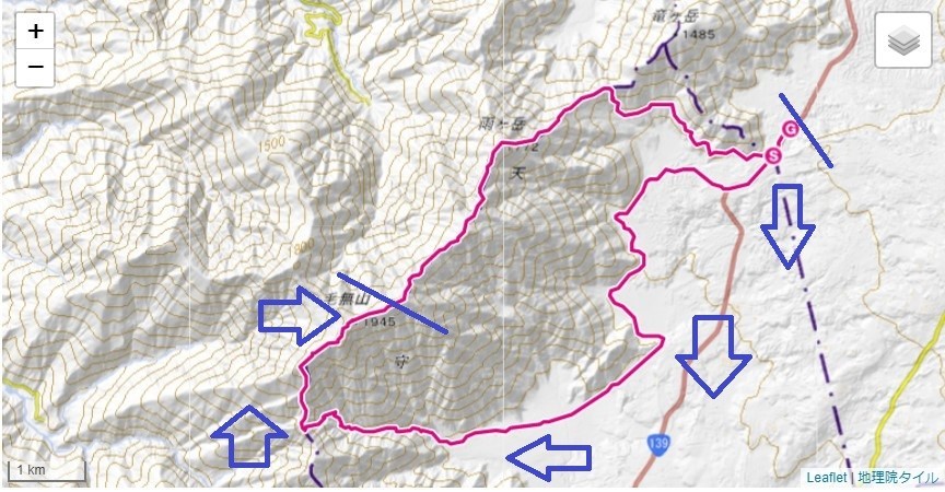 毛無山・根原の吊橋・比丘尼の滝・地蔵峠ルート地図