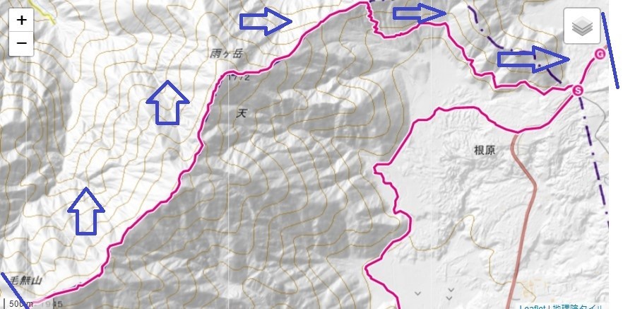高見岳・タカデッキ・雨ヶ岳のルートと標高差の地図