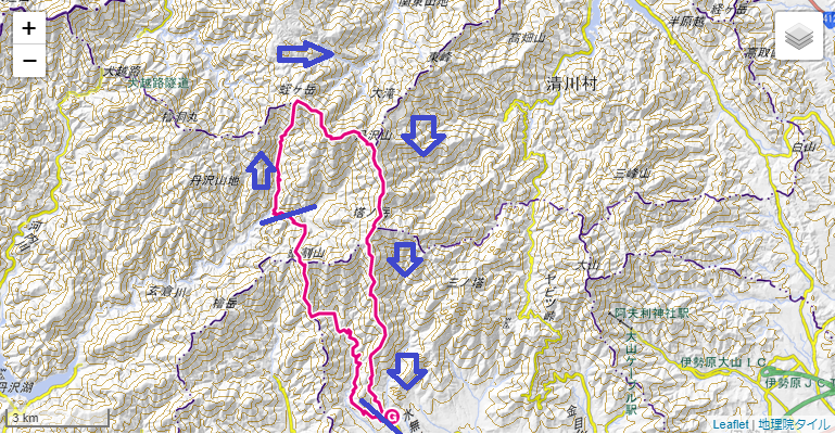 蛭ヶ岳南陵登山のルート・標高差地図