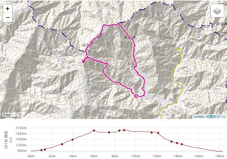 山伏登山西日影沢ルートの標高差地図