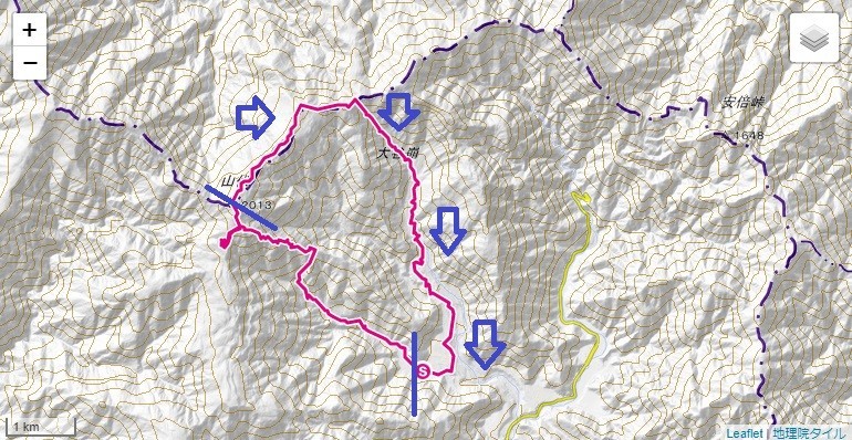 山伏から新窪乗越・大谷崩登山・扇の要へのルート図