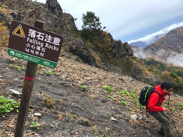 新窪乗越から大谷崩れへの登山道に落石注意警告文