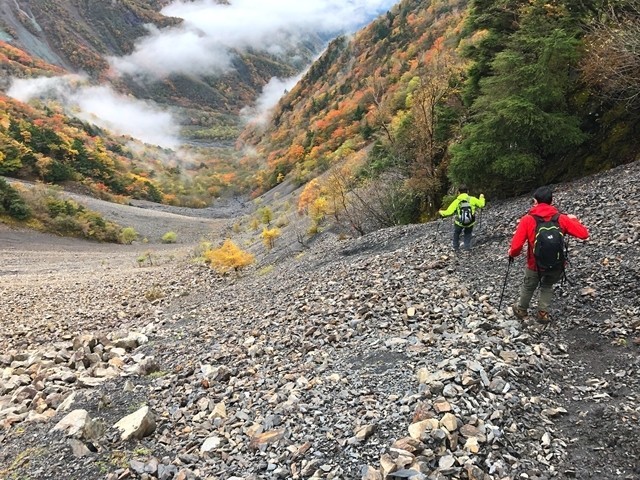 大谷崩れを下って行く登山者