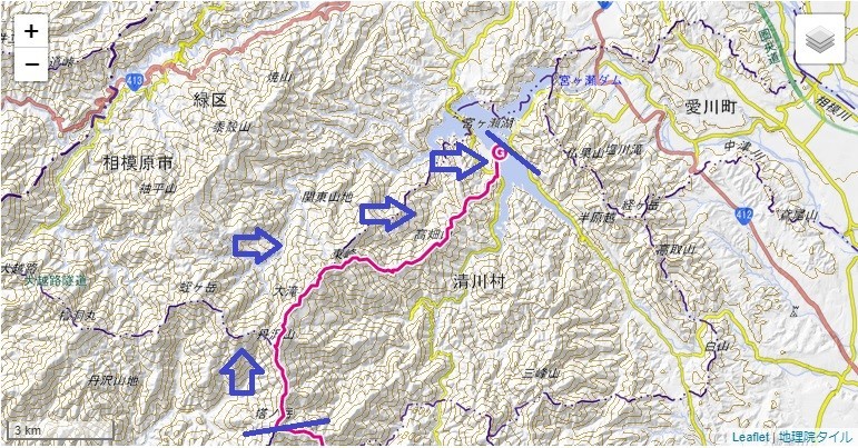 丹沢三峰ルートの太礼ノ頭・円山木ノ頭・本間ノ頭の登山地図と標高差