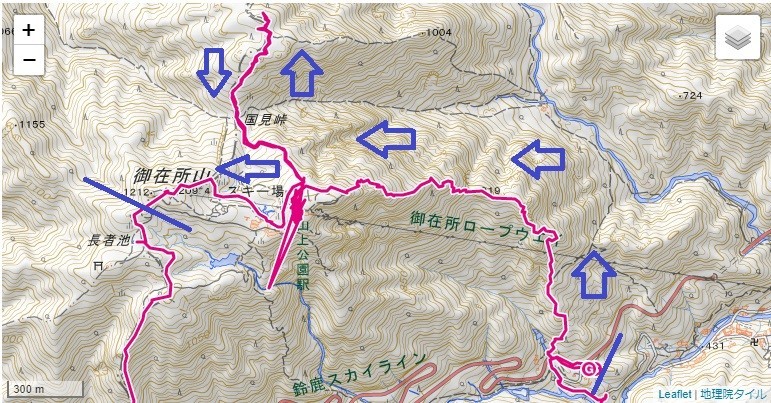 御在所岳登山のルート標高差地図