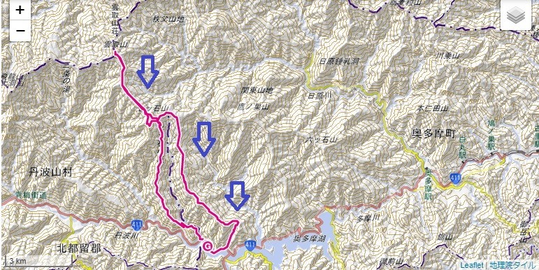 赤指山・赤指尾根・大平山・小留浦廃道ルートの標高差