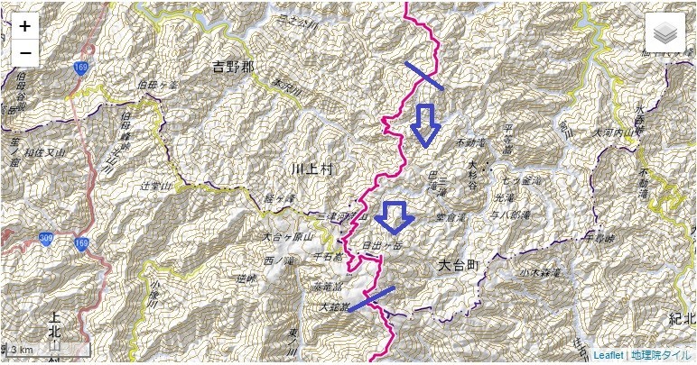 台高山脈大台ヶ原日出ヶ岳登山と引水サコ・添谷山・大台辻・筏場道ルート標高差地図