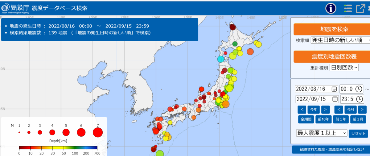 直近1ヶ月の地震の回数