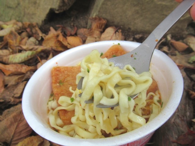 うどんを先割れスプーンで食べている様子