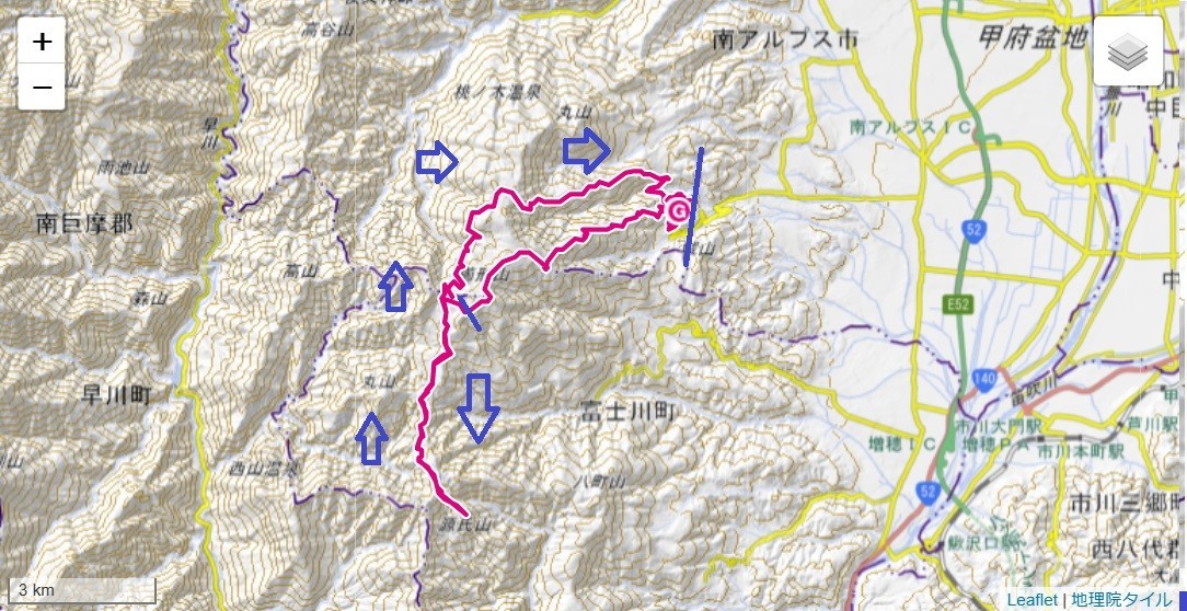 源氏山・櫛形山トレッキングコース・櫛形山北尾根ルート・標高差地図