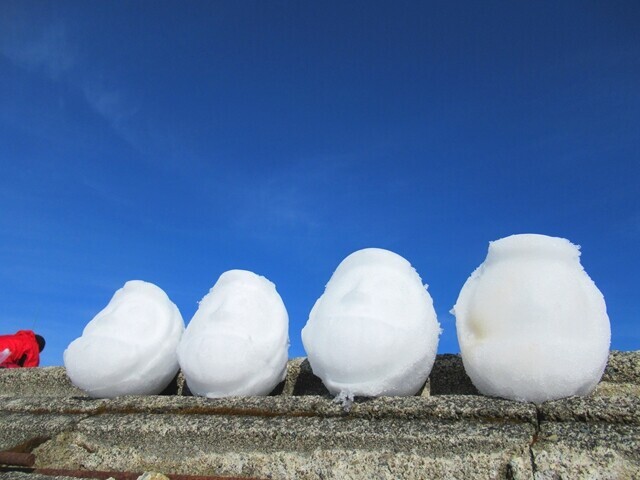 雪ダルマを作っている登山者の様子